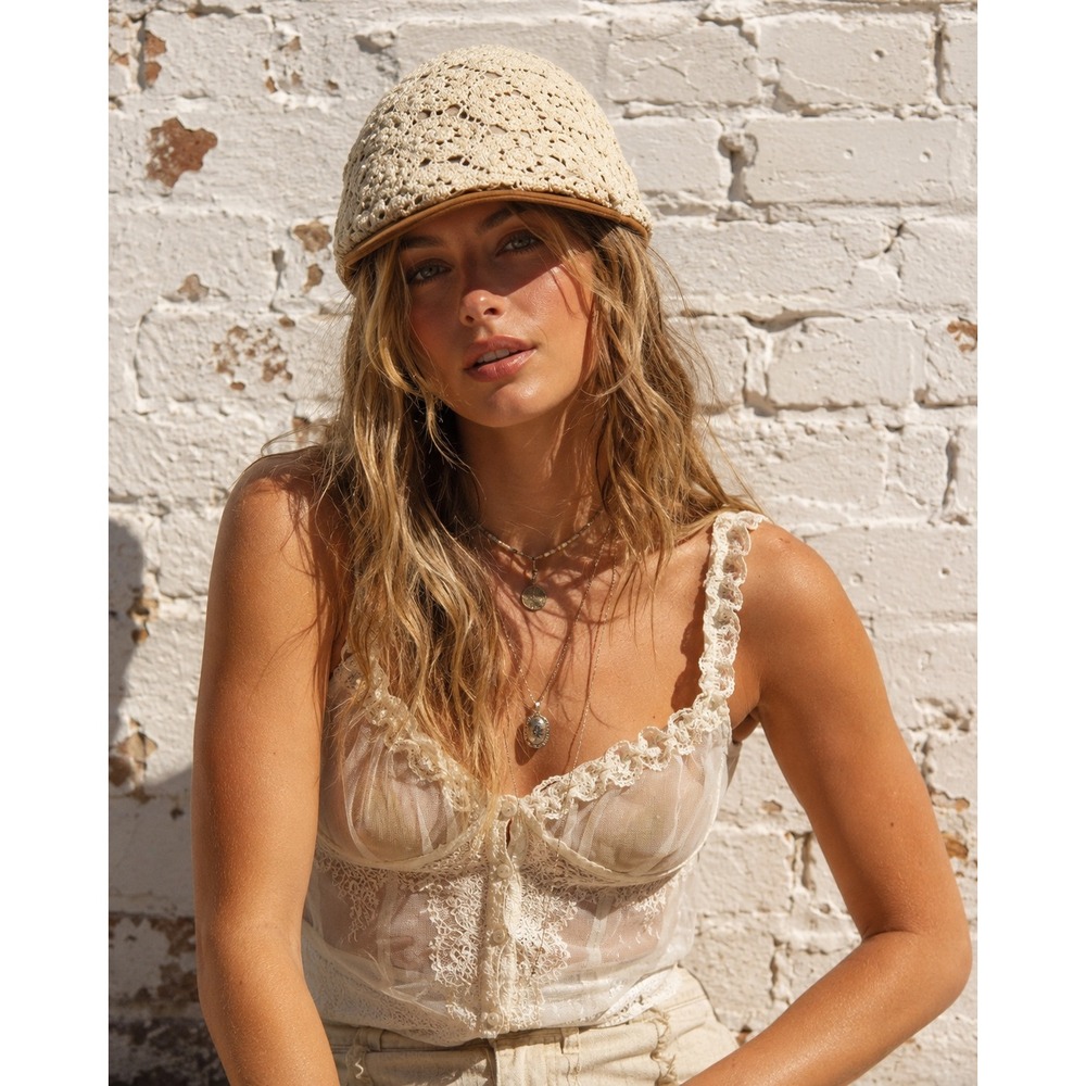 Gray Saks Fifth Avenue Beige Cotton Crochet Newsboy Flat Cap Hat O/S